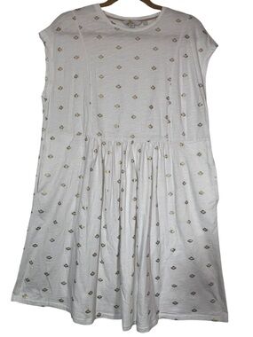 Boden 100% Cotton Jersey T Shirt  Ivory/Gold Foil Print Dress US Size 12P UK 16P
